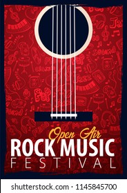 Rock Music Festival. Open Air. Flyer design Template with hand-draw doodle on the background