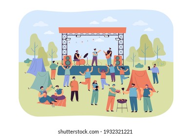 Rock music festival in open air. People having party in park, cooking food, listening to concert. Cartoon illustration for musical event, leisure activity concept