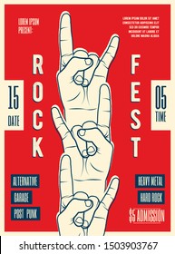 Rock music festival party poster flyer design template. Rock-n-roll hand sign. Advertising for your live rock music concert, live event. Vector illustration.