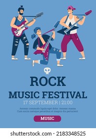 Rock music festival poster with Rock and Roll musicians perform on stage, cartoon flat graphic vector illustration. Rock music performance banner or flyer template.