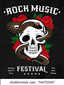 Rock music festival poster with snake in skull, red roses with leaves on black background vector illustration 