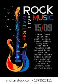 Rock music festival poster template. Vertical banner with rock guitar in grunge style and paint splashes.