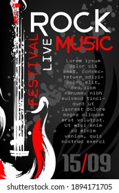 Rock music festival poster template. Vertical banner with rock guitar in grunge style and paint splashes.