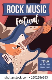 Rock music festival promo poster vector flat illustration. Announcement template with musician playing on acoustic bass guitar with place for text. Colorful flyer of entertainment party or concert