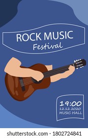 Rock music festival promo poster vector flat illustration. Ad template with silhouette of musician playing acoustic bass guitar with place for text. Colorful flyer for entertainment party or concert