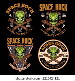 Rock music festival set of vector colorful emblems, logos, badges or labels with alien in headphones and crossed guitar necks on dark background
