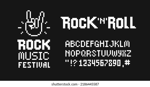 Rock Music Festival Sign With Type Font In Pixel Art Style Vector Template. Rock'n'Roll Sign. Pixelated Rock N Roll Designs For Print Tee, Apparel And Poster Design. Rock Music Finger Symbols Or Icons