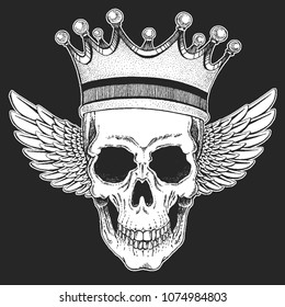 Rock music festival. Skull wearing crown. Cool print for poster, banner, t-shirt.
