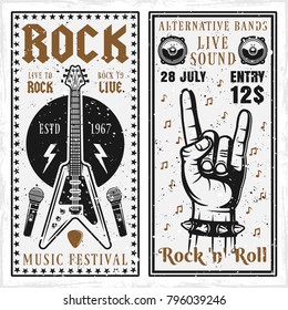 Rock music festival two vertical banners or invitation flyers vector templates with guitar and horns hand gesture