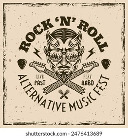 Rock music festival vector emblem with devil in sunglasses that reflect flame and crossed broken guitar necks. Illustration in vintage style on grunge texture background