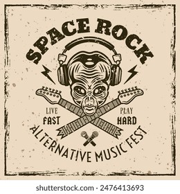 Rock music festival vector emblem with alien head. Illustration in vintage style on grunge texture background