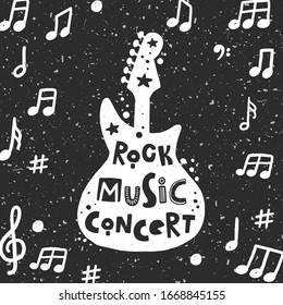 Rock music festival vector illustration. Guitar silhouette with stylized lettering. Cultural entertainment. Musical instrument with ink drops. Poster, card design.