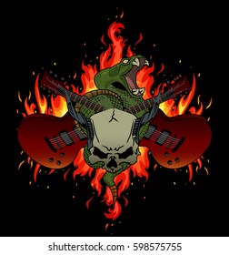 Rock music festival vector illustration with flames, crossed guitars, rattle snake and horned skull. Good fore posters, t-shirt prints, stickers, party invitations.