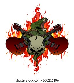 Rock music festival vector illustration with flames, crossed guitars, rattle snake and horned skull. Good fore posters, t-shirt prints, stickers, party invitations.