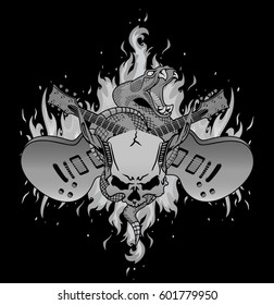 Rock music festival vector illustration with flames, crossed guitars, rattle snake and horned skull. Good fore posters, t-shirt prints, stickers, party invitations.