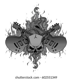 Rock music festival vector illustration with flames, crossed guitars, rattle snake and horned skull. Good fore posters, t-shirt prints, stickers, party invitations.