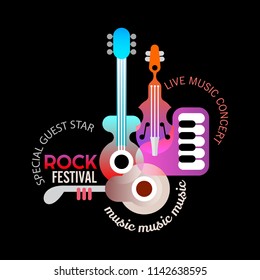 Rock music festival vector poster design. Abstract composition of musical instruments and text isolated on a black background.