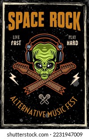 Rock music festival vintage colored poster with alien head in headphones and two crossed broken guitar necks. Vector illustration with grunge textures and text on separate layers