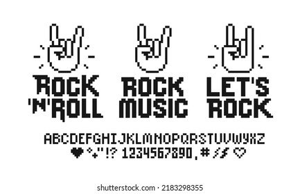 Señal vintage del Festival de Música de Rock y plantilla vectorial de estilo Pixel Art. Rock. Pixelated Rock n roll diseña la colección para tee de impresión, ropa y diseño de afiches. Símbolos de dedos de la música rock