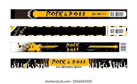 Rock music festival wristband or bracelet design with barcode for concert entry pass. 
