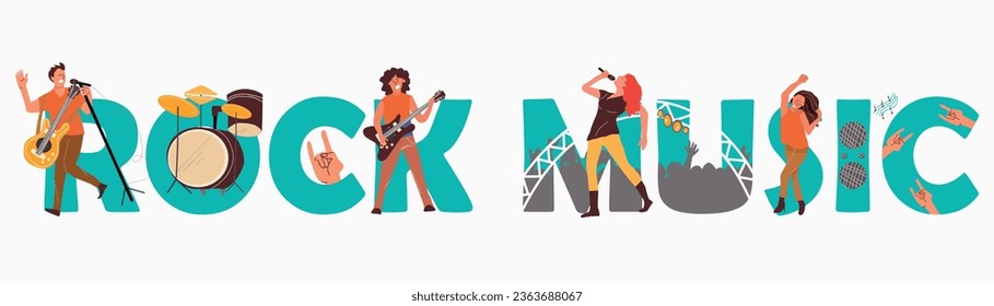 Rock music flat text composition with people playing musical instruments singing and dancing on concert vector illustration