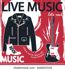 Rock music flyer layout. Rock gig poster. Rock concert poster template with electric guitar and leather jacket. Grunge music illustration for your design.