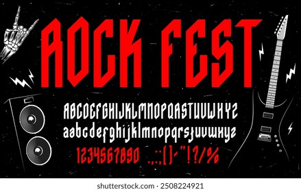 Rock de música tipo tipográfico o heavy metal tipo musical y alfabeto tipográfico punk, letras góticas de Vector. Fuente de rock duro con letras rojas ásperas para banda de música o carteles de concierto en vivo o ABC typeset