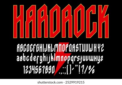 Fuente de música Rock, tipo de letra punk, tipo musical heavy metal, alfabeto inglés rock and roll. Tipografía de Vector de fuentes de letras y números grunge con relámpago sobre fondo negro. Tipo de música heavy metal