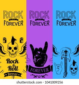 Rock music forever collection of colorful posters. Isolated vector illustration of skull with wings, sign of horns and upside down guitar silhouette