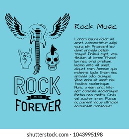 Rock music forever colorful poster with flying electric guitar surrounded by skull and sign of horns. Vector illustration of rocks symbols on blue background