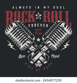 Rock music forever colorful poster with two microphones for rocknroll artists performing in front of fans vector illustration