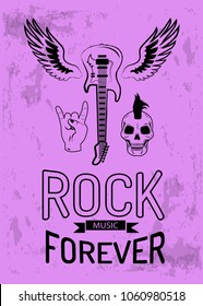 Rock music forever picture, with icons of guitar and skull and a gesture known as the horns vector illustration isolated on purple background