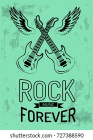 Rock music forever poster with two crossed electrical guitars flying on wings. Musical instruments on vector illustration isolated on green background