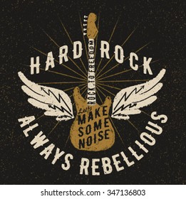 rock music graphic design with old effect, guitar illustration and wings