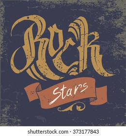 Rock music graphic design with old effect, rock music tee print design. Vector hipster retro badge , label, logo for poster, t-shirt print with lettering