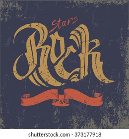 Rock music graphic design with old effect, rock music tee print design. Vector hipster retro badge , label, logo for poster, t-shirt print with lettering