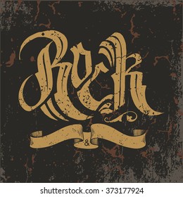 Rock music graphic design with old effect, rock music tee print design. Vector hipster retro badge , label, logo for poster, t-shirt print with lettering
