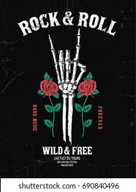 Rock music graphic design with roses and rock hand sing illustration for t-shirt and other uses.