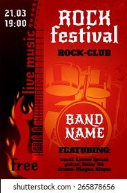 Rock music group concert or festival poster with burning guitar and drums vector illustration