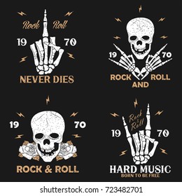 Rock music grunge print for apparel with skeleton hand, skull and rose. Vintage rock-n-roll t-shirt graphics set. Design for typography clothes emblem collection. Vector illustration.