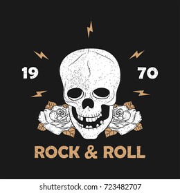 Rock music grunge print for apparel with skeleton skull and rose. Vintage rock-n-roll typography for t-shirt. Design for clothes. Vector illustration.