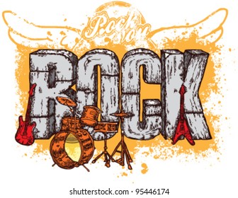 Rock Music With Guitar And Drums On Stamp Background