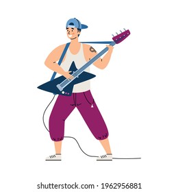 Rock music guitarist male cartoon character, flat vector illustration isolated on white background. Rock band musician playing music with electric guitar.