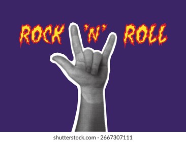 Rock music halftone element. 80s. 90s. Cut out hand emoji gestures collection. Hand sign grunge punk dotted sticker. Modern retro vector Rock and roll music illustration