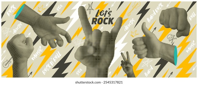 Rock music halftone elements set. 80s. 90s. Cut out hand emoji gestures collection. Various hands signs grunge punk dotted stickers. Modern retro vector Rock and roll music illustration