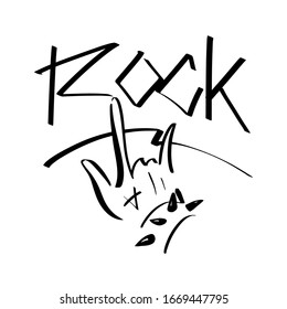 Rock music horn. Lettering illustration. Entertainment concept. People hand. Party. Musical logo. Classical guitar vector. Concert design element in vintage style isolated on white background