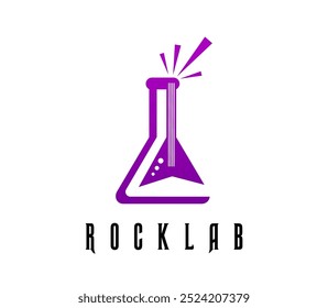 Rock ícone da música de guitarra e laboratório teste de frasco para estúdio de gravação de som, emblema vetorial. Rock Lab ícone com guitarra elétrica baixo e vidro de laboratório para a empresa de produção de música ou gravadora