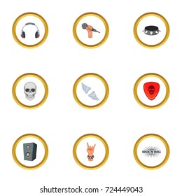 Rock music icons set. Cartoon style set of 9 rock music vector icons for web design