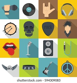 Rock Music Icons Set. Flat Illustration Of 16 Rock Music Vector Icons For Web