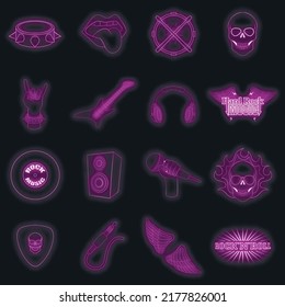 Rock music icons set. Illustration of 16 rock music vector icons neon color on black